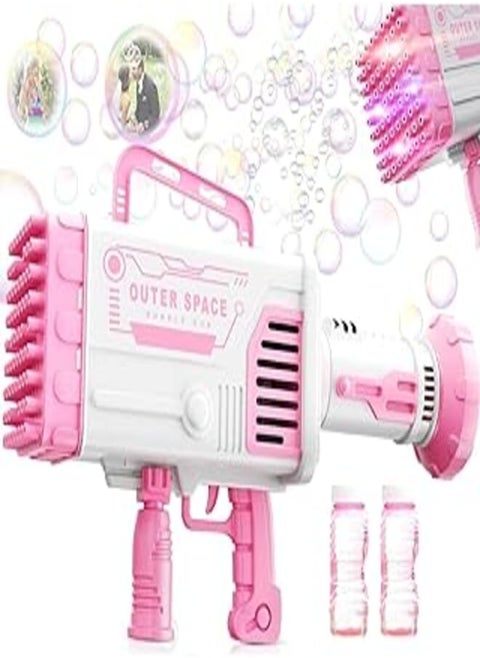BrainGiggles 64 Holes Electric Rocket Bubble Gun with Lights Kids Toy Bubble Maker for Summer Party Fun (Pink)