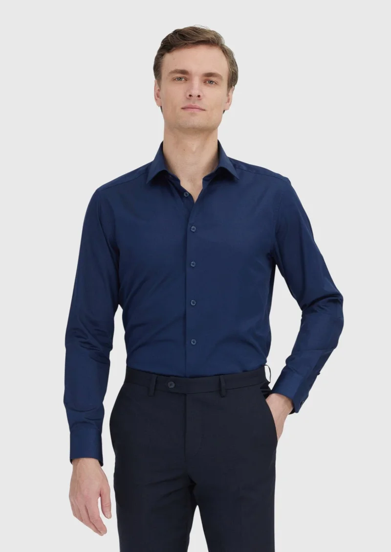 RAMSEY Navy Blue Plain Slim Fit Long Weaving Classical 100% Cotton Shirt