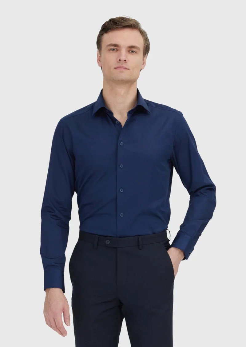 RAMSEY Navy Blue Plain Slim Fit Long Weaving Classical 100% Cotton Shirt
