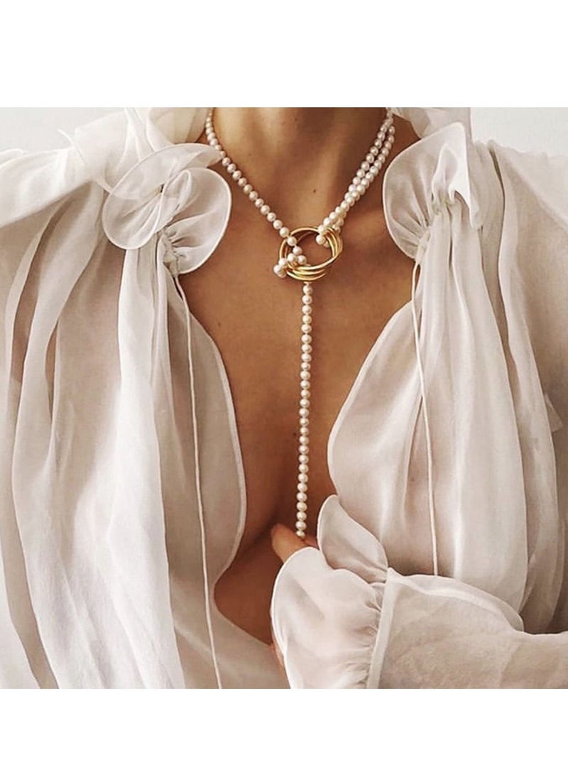 SYOSI Long Pearl Necklaces, Costume Jewellery for Women, Retro Metal Pearl Necklace Elegant Lady White Artificial Pearls Long Sweater Chain Beaded Necklace, 31In Faux Pearls Art Fashion Lovely - Image 3