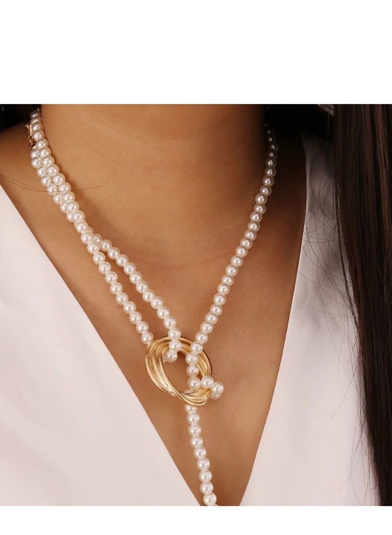 SYOSI Long Pearl Necklaces, Costume Jewellery for Women, Retro Metal Pearl Necklace Elegant Lady White Artificial Pearls Long Sweater Chain Beaded Necklace, 31In Faux Pearls Art Fashion Lovely - Image 2