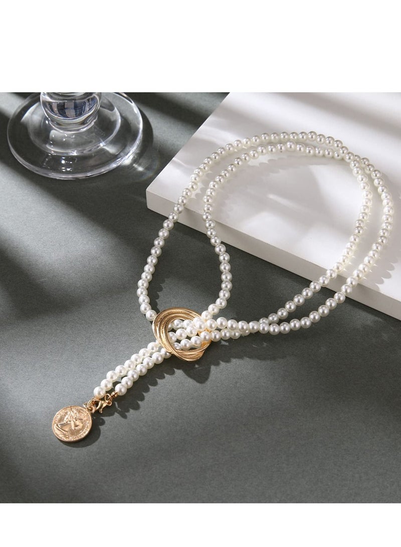 SYOSI Long Pearl Necklaces, Costume Jewellery for Women, Retro Metal Pearl Necklace Elegant Lady White Artificial Pearls Long Sweater Chain Beaded Necklace, 31In Faux Pearls Art Fashion Lovely - Image 4