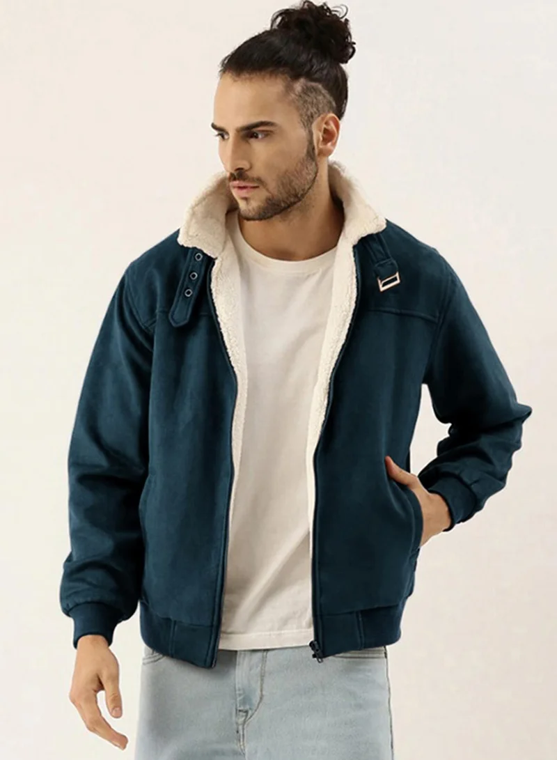 Campus Sutra Men's Saltbox Blue Fur-Lined Suede Bomber Jacket