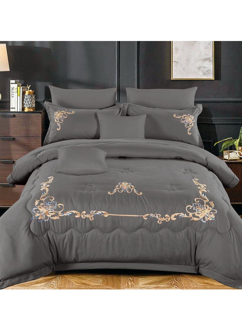 Comfy Comfy 6pc Embroidered Premium Quality Pure Cotton King Size Comforter Set Grey 