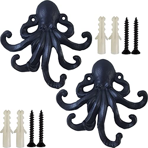 YOOHUA 2PCS 6Inch Cast Iron Octopus Decorative Coat Hook - Wall Mounted Nautical Hand Towel Rack Holder with Screws, Rustic Metal Clothing Hanger for Bedroom/Bathroom/Kitchen/Balcony - Image 1