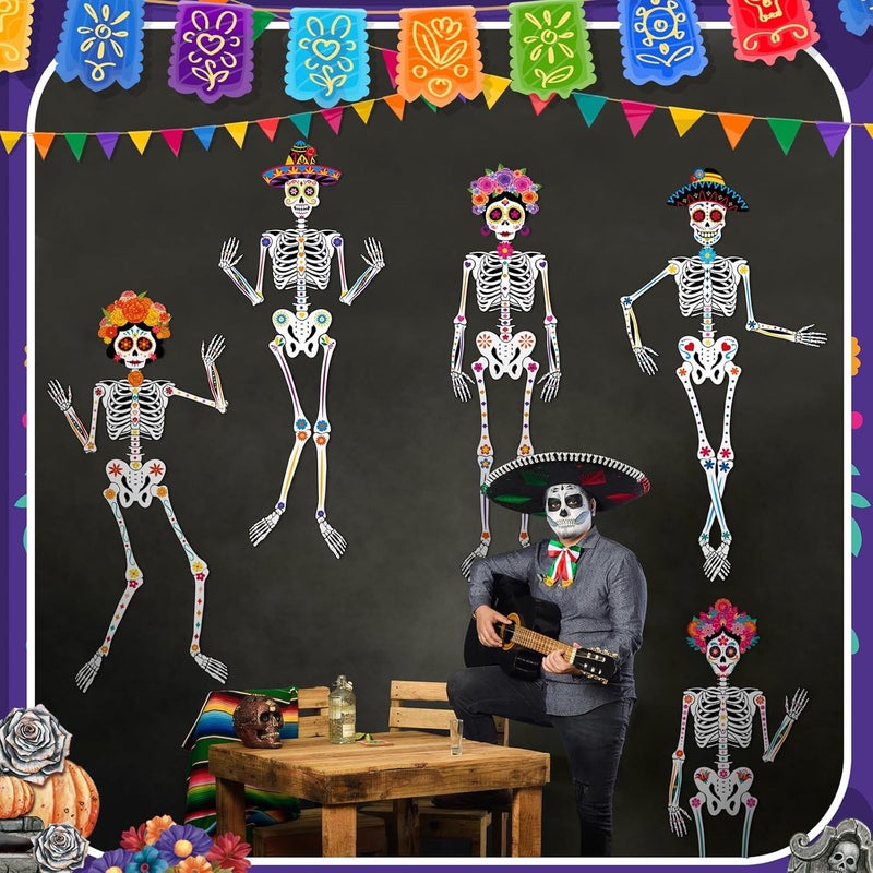 WinnerWhy 6 Pcs 51 Inches Large Halloween Jointed Skeletons Paper Cutout Day of The Dead Jointed Skeletons Hanging Decorations Dia De Los Muertos Party Supplies for Outdoor Mexico Sugar Skull Decor - Image 4