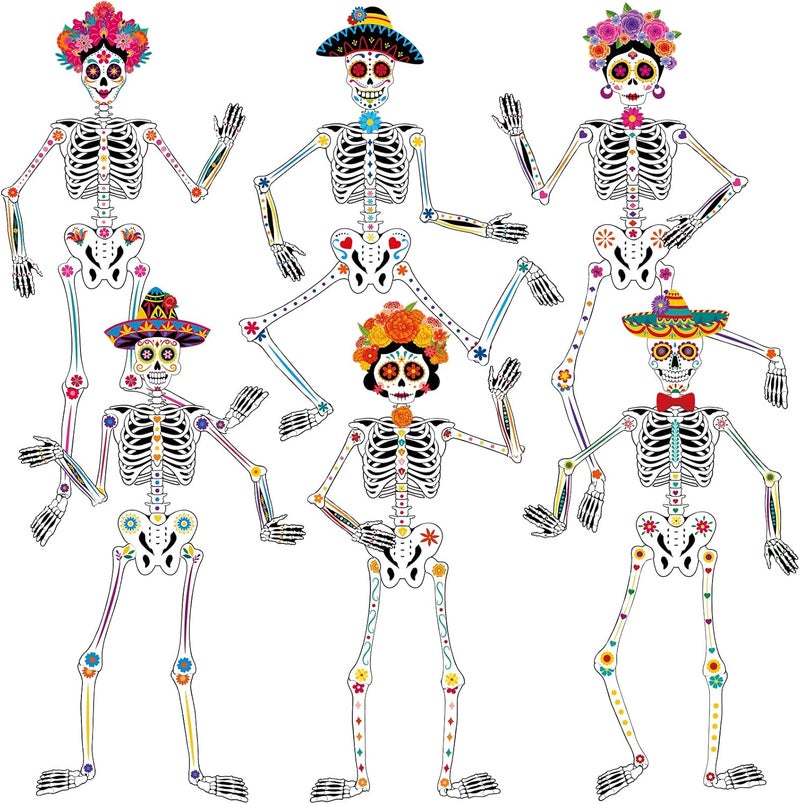 WinnerWhy 6 Pcs 51 Inches Large Halloween Jointed Skeletons Paper Cutout Day of The Dead Jointed Skeletons Hanging Decorations Dia De Los Muertos Party Supplies for Outdoor Mexico Sugar Skull Decor - Image 1