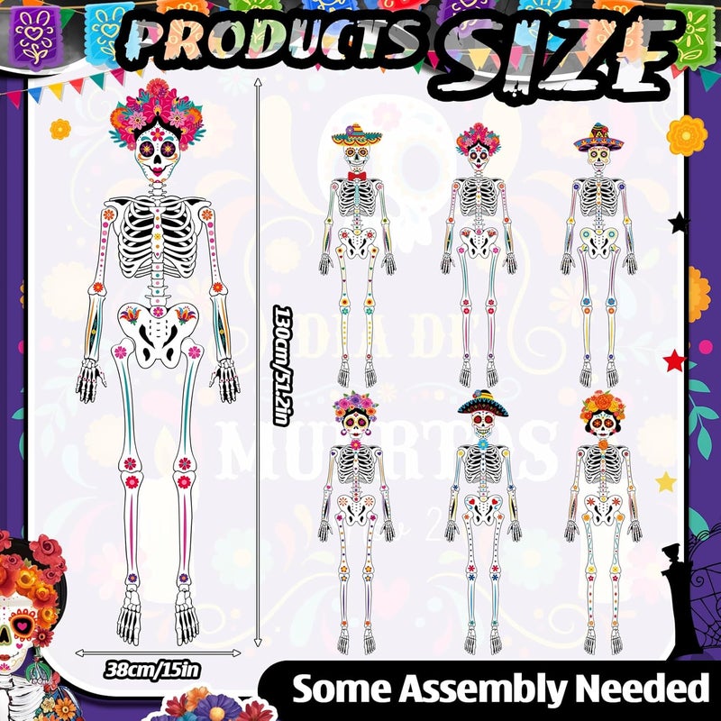 WinnerWhy 6 Pcs 51 Inches Large Halloween Jointed Skeletons Paper Cutout Day of The Dead Jointed Skeletons Hanging Decorations Dia De Los Muertos Party Supplies for Outdoor Mexico Sugar Skull Decor - Image 2