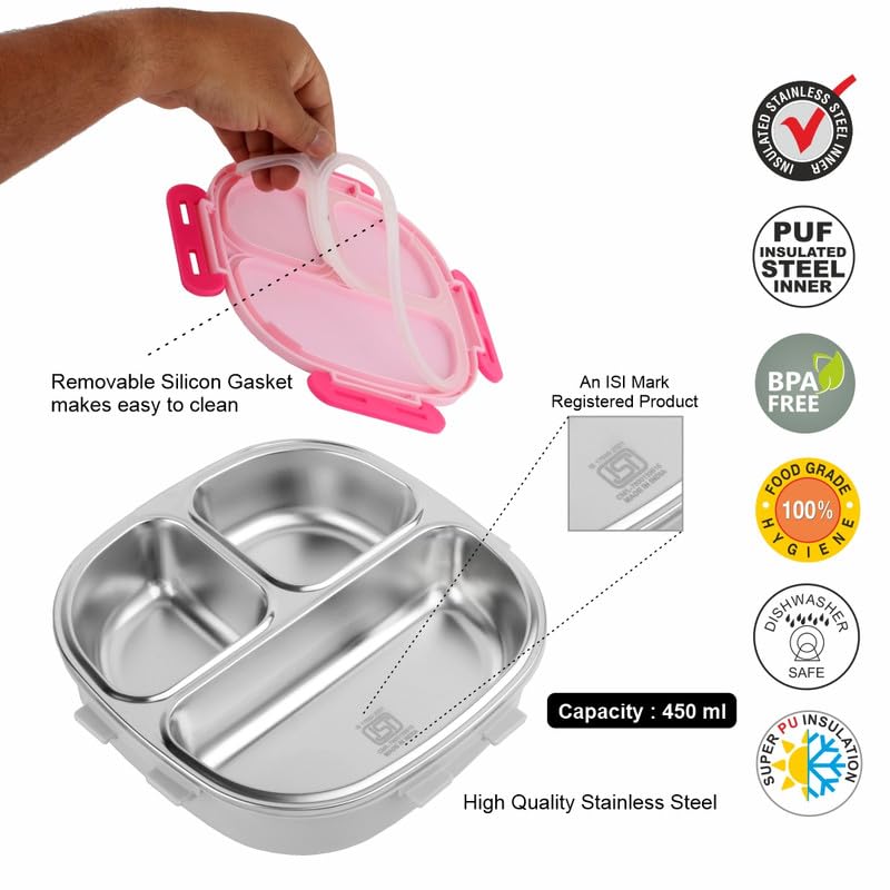 SKi Homeware SKI Baker Steel Lunch Box for Kids, 3 Compartment Insulated School Tiffin with Spoon, Leak-Proof, BPA Free, Bento Box for Boys & Girls, Birthday Gifts, Party Favours - Princess - Image 4