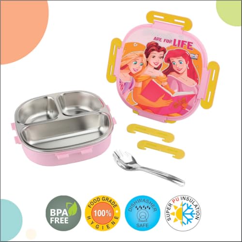 SKi Homeware SKI Baker Steel Lunch Box for Kids, 3 Compartment Insulated School Tiffin with Spoon, Leak-Proof, BPA Free, Bento Box for Boys & Girls, Birthday Gifts, Party Favours - Princess - Image 2