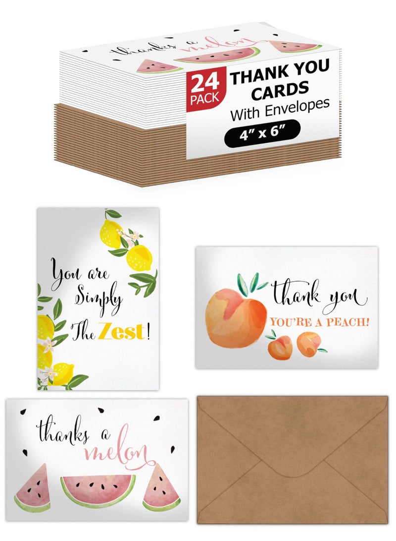 Pro Supply Global (24 Count of 4x6 Pre-Folded Fruit Thank You Cards With Blank Inside To Leave a Note and Envelopes - Assortment of Greeting Cards Come In 3 Designs - Image 1