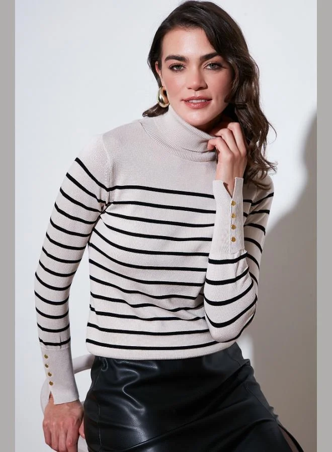 ليلا كنزة ليلا نسائية بياقة مدورة مخططة بقصة عادية