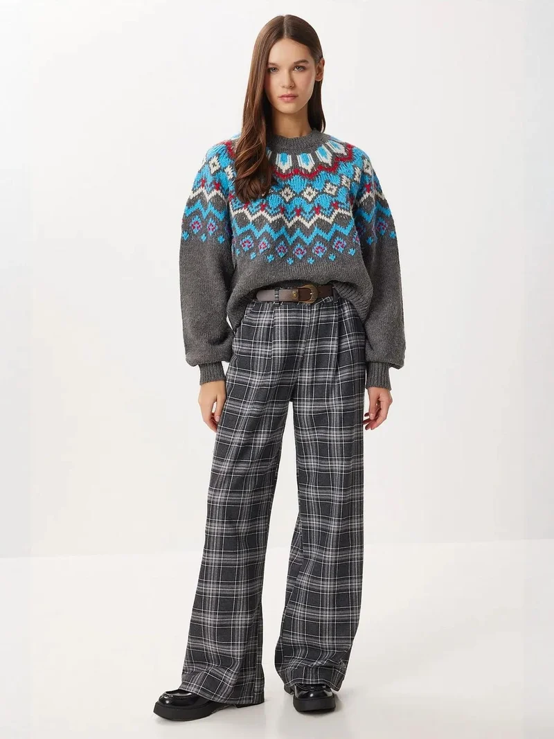 Lovely Istanbul ISTANBUL High Waist Wide Leg Plaid Palazzo Pants