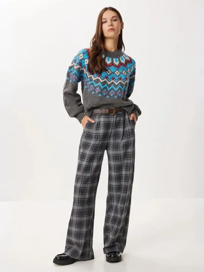 Happiness İstanbul ISTANBUL High Waist Wide Leg Plaid Palazzo Pants