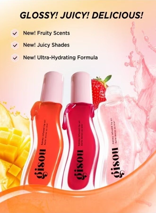 Gisou Honey Infused Lip Oil Strawberry Sorbet - Sheer Pinky Red, Hydrating&Nourishing Lip Treatment (0.27 oz / 8 ml) - Image 3