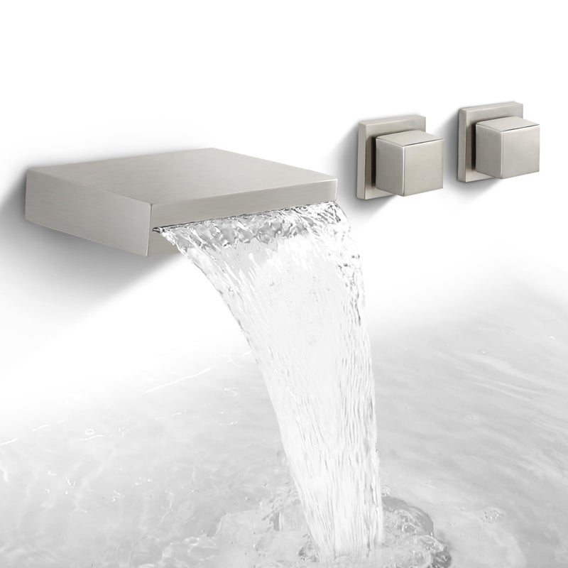 SKOWLL Wall Faucet Bathroom Sink Waterfall Widespread Waterfall Faucet for Bathroom Sink Lavatory Faucets with 2 Handle Brushed Nickel Wall Mount Faucets Roughin Valve