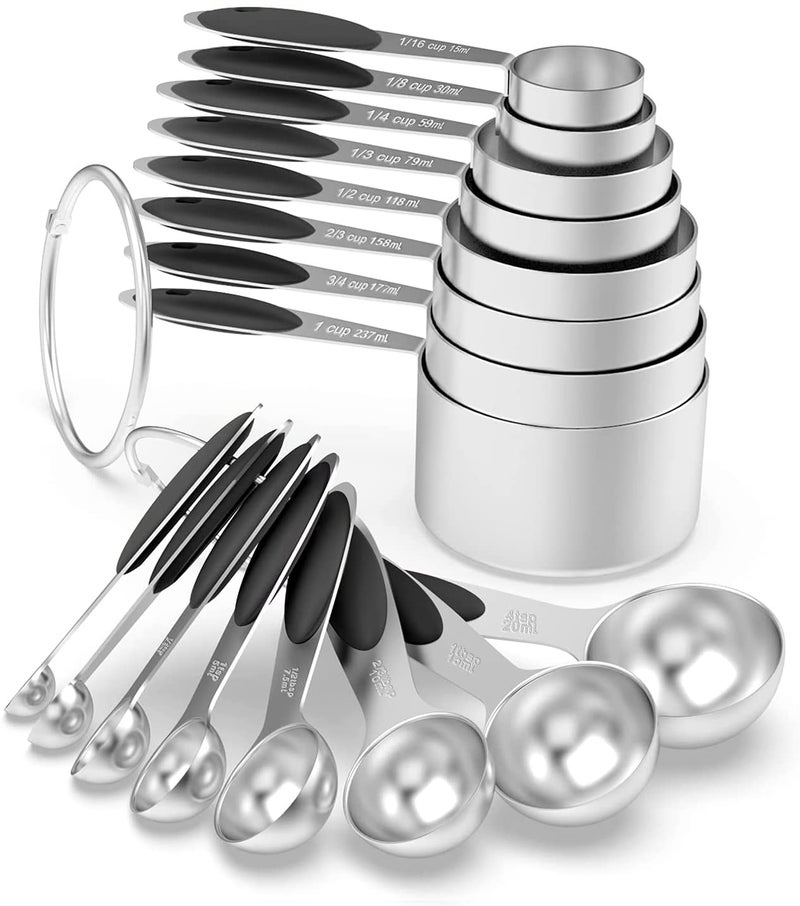 Measuring Cups  Spoons Set of 16 Wildone Stainless Steel Measuring Cups and Measuring Spoons with Black Silicone Handle Including 8 Nesting Cups 8 Spoons for Dry and Liquid Ingredient
