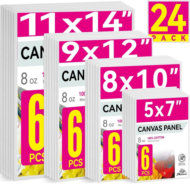 Phoenix 24 Pack Canvases for Painting - 5x7, 8x10, 9x12, 11x14 Inch, 8 Oz Triple Primed 100% Cotton Flat Canvas Boards White Blank Canvas Panels Multi Size Bulk Pack for Acrylic & Oil Paints - Image 1