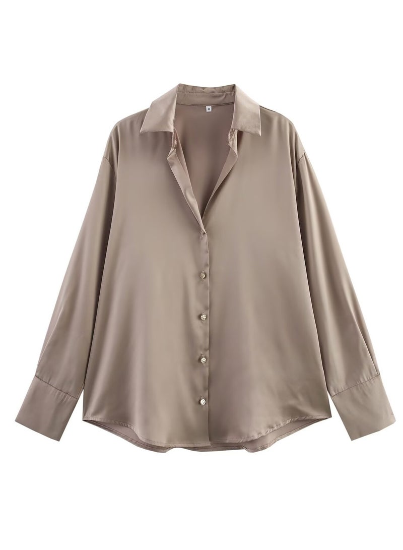 Shougu Loose Casual V-neck Satin Shirt Top For Women  - Image 1