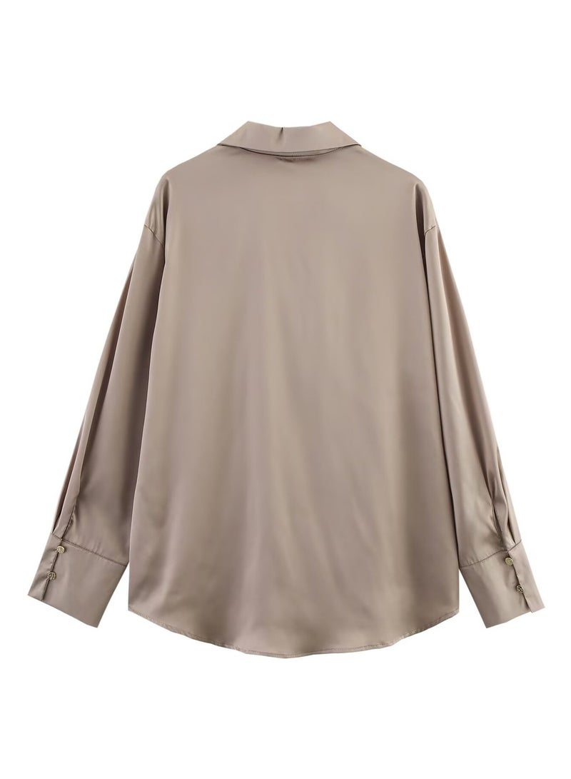 Shougu Loose Casual V-neck Satin Shirt Top For Women  - Image 2
