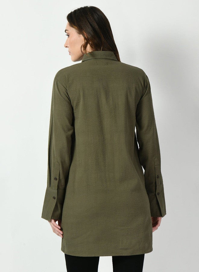 Pretilly Olive Textured Cotton Casual Shirt for Women - Image 5
