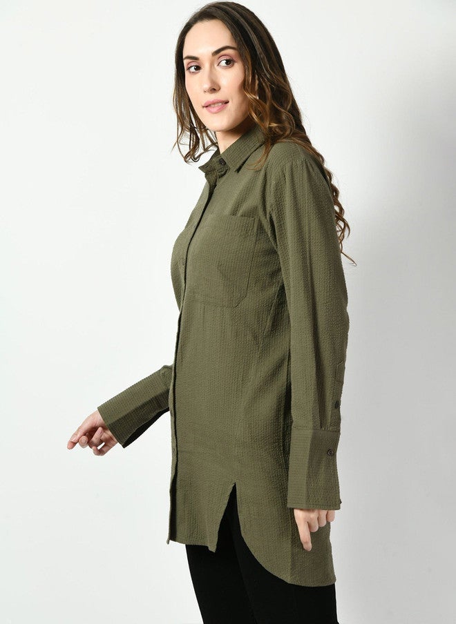 Pretilly Olive Textured Cotton Casual Shirt for Women - Image 4