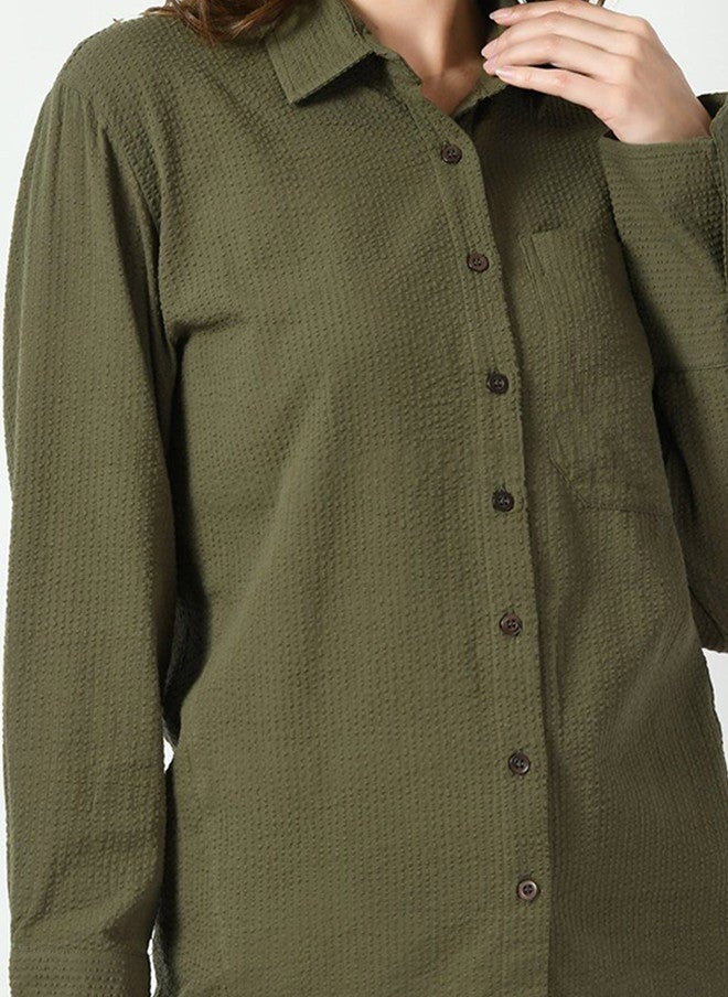 Pretilly Olive Textured Cotton Casual Shirt for Women - Image 2