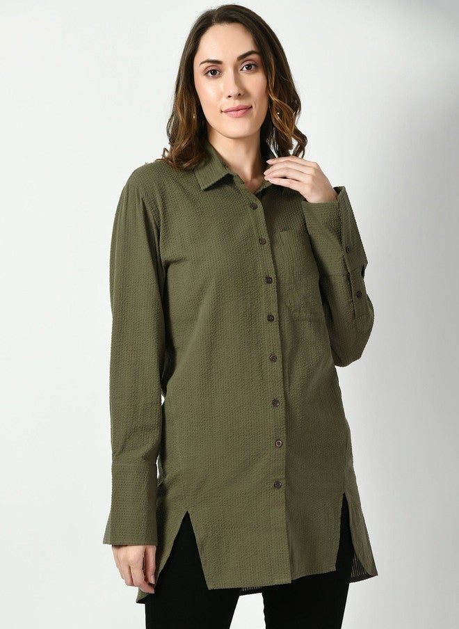 Pretilly Olive Textured Cotton Casual Shirt for Women - Image 1