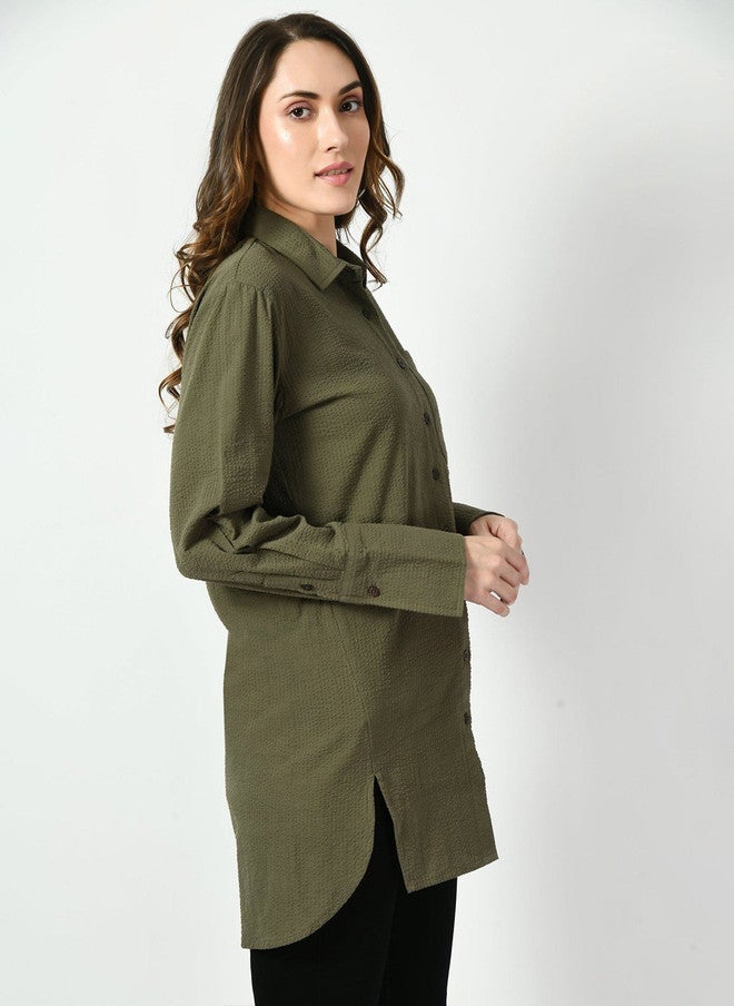 Pretilly Olive Textured Cotton Casual Shirt for Women - Image 3