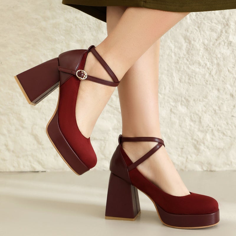2024 Spring Fashion High Heel Thick Bottom 32-46 Cross Buckle Suede Solid Color Shallow Mouth Single Shoes - Image 4