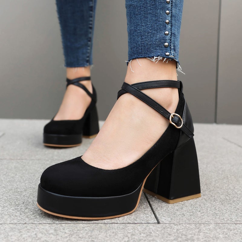 2024 Spring Fashion High Heel Thick Bottom 32-46 Cross Buckle Suede Solid Color Shallow Mouth Single Shoes - Image 3