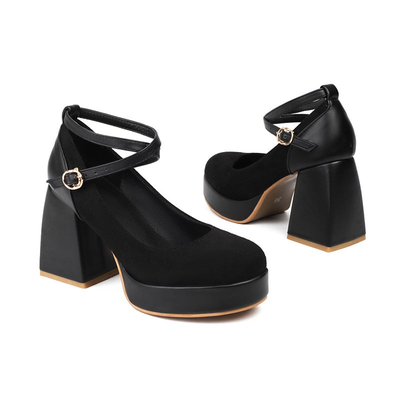 2024 Spring Fashion High Heel Thick Bottom 32-46 Cross Buckle Suede Solid Color Shallow Mouth Single Shoes - Image 1