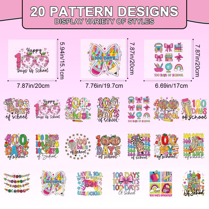 Shejdgart Dtf Transfers Ready to Press - 20 Pcs 100th Day of School Iron on Patches for T-Shirts, Back to School Iron on Stickers Colorful Heat Transfer Vinyl Decals for DIY Fabric Clothes Decor - Image 2