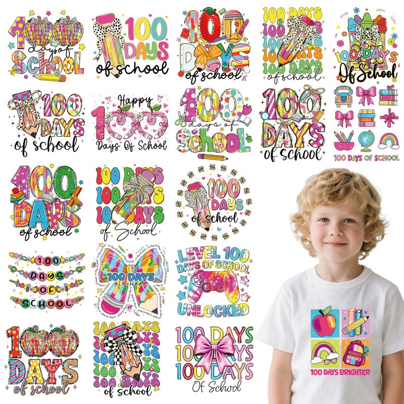 Shejdgart Dtf Transfers Ready to Press - 20 Pcs 100th Day of School Iron on Patches for T-Shirts, Back to School Iron on Stickers Colorful Heat Transfer Vinyl Decals for DIY Fabric Clothes Decor - Image 1