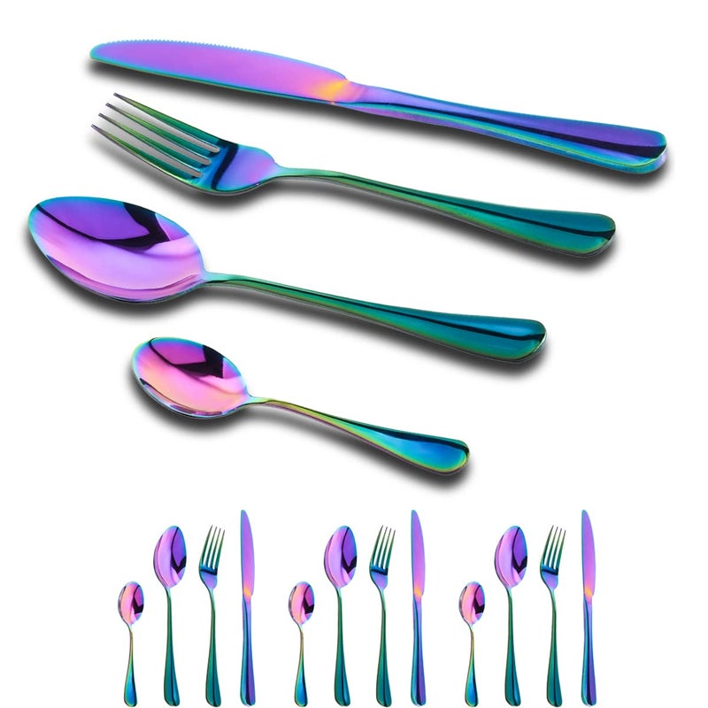 GOODFEER Cutlery Set16Piece Stainless Steel Flatware for 4 People Dinner Spoon Knife and Fork Sets Rainbow Tableware