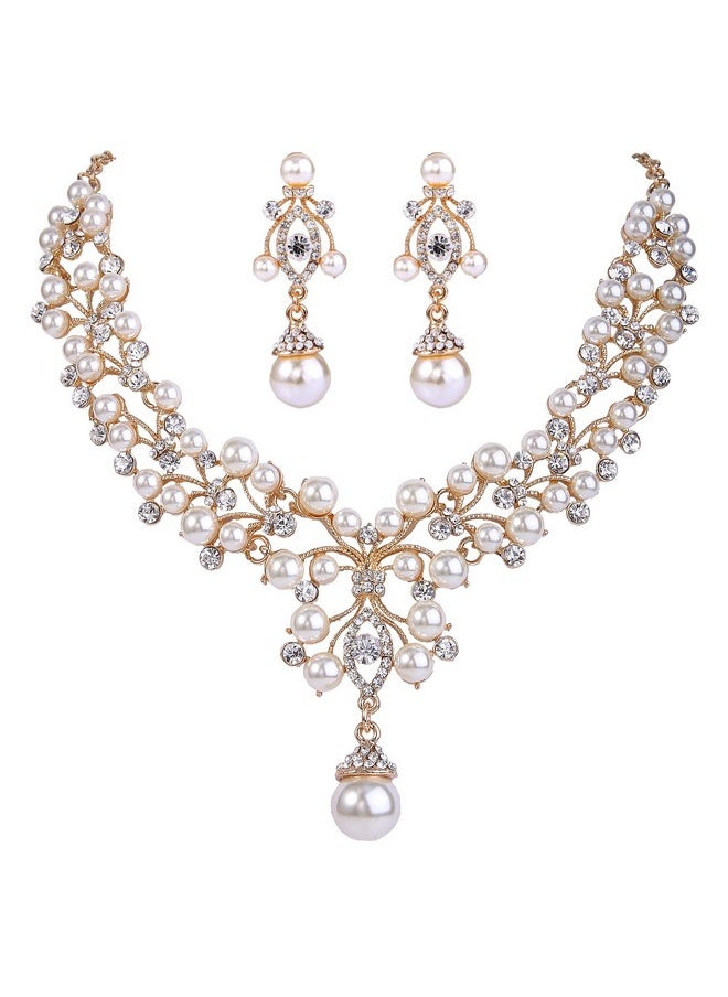 EVER FAITH Flower Simulated Pearl Wedding Jewelry Set Clear Austrian Crystal Goldtone  - Image 1