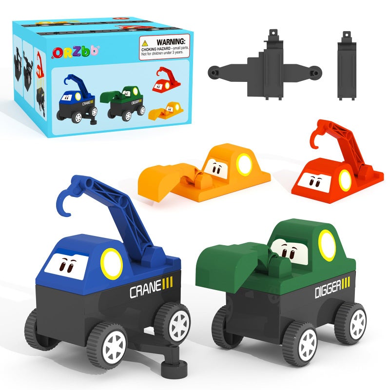 ORZbb Magnetic Tiles Truck Toddler Toys 3 4 5 Year Old Boys Girls Magnetic Blocks Electric Engineering Vehicle 2 Car Bases and 4 Car Bodies Compatible with Traversable on Magnet Roads - Image 3