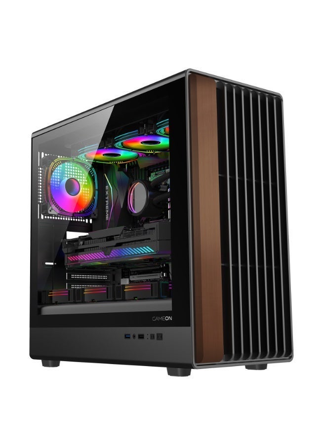 GAMEON Timber Midnight Series ARGB Mid‑Tower Gaming Case – Wood-Textured Panels, 7 × 120 mm ARGB+PWM Fans, Tempered Glass, ATX/M‑ATX/ITX Support, 420 mm GPU, Type‑C I/O black - Image 1