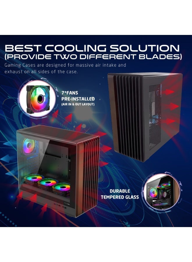 GAMEON Timber Midnight Series ARGB Mid‑Tower Gaming Case – Wood-Textured Panels, 7 × 120 mm ARGB+PWM Fans, Tempered Glass, ATX/M‑ATX/ITX Support, 420 mm GPU, Type‑C I/O black - Image 2