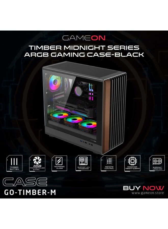 GAMEON Timber Midnight Series ARGB Mid‑Tower Gaming Case – Wood-Textured Panels, 7 × 120 mm ARGB+PWM Fans, Tempered Glass, ATX/M‑ATX/ITX Support, 420 mm GPU, Type‑C I/O black - Image 5