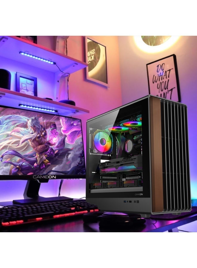 GAMEON Timber Midnight Series ARGB Mid‑Tower Gaming Case – Wood-Textured Panels, 7 × 120 mm ARGB+PWM Fans, Tempered Glass, ATX/M‑ATX/ITX Support, 420 mm GPU, Type‑C I/O black - Image 3