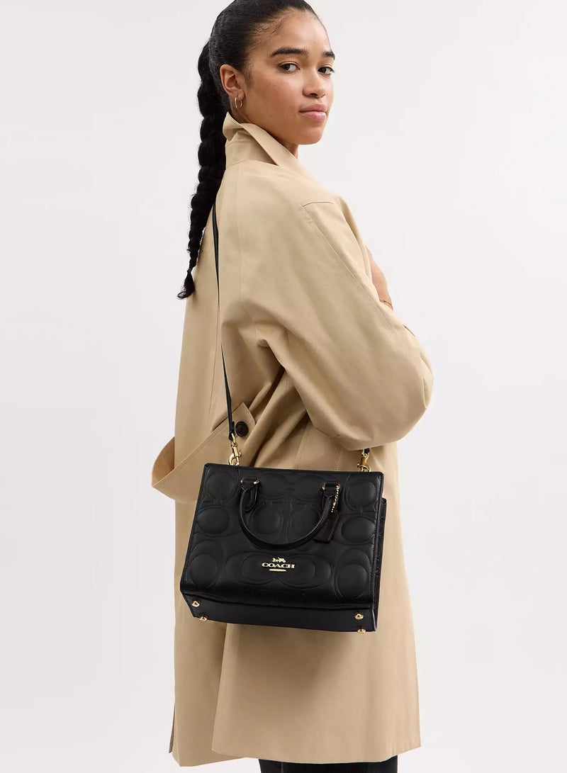 coachoutlet Coach Maggie Small Tote Bag In Signature Leather, Women's Shoulder Bag, Women's Cross-Body Bag, Women's Hand Bag, Women's Travel Bag, Signature-Black-25cm - Image 2