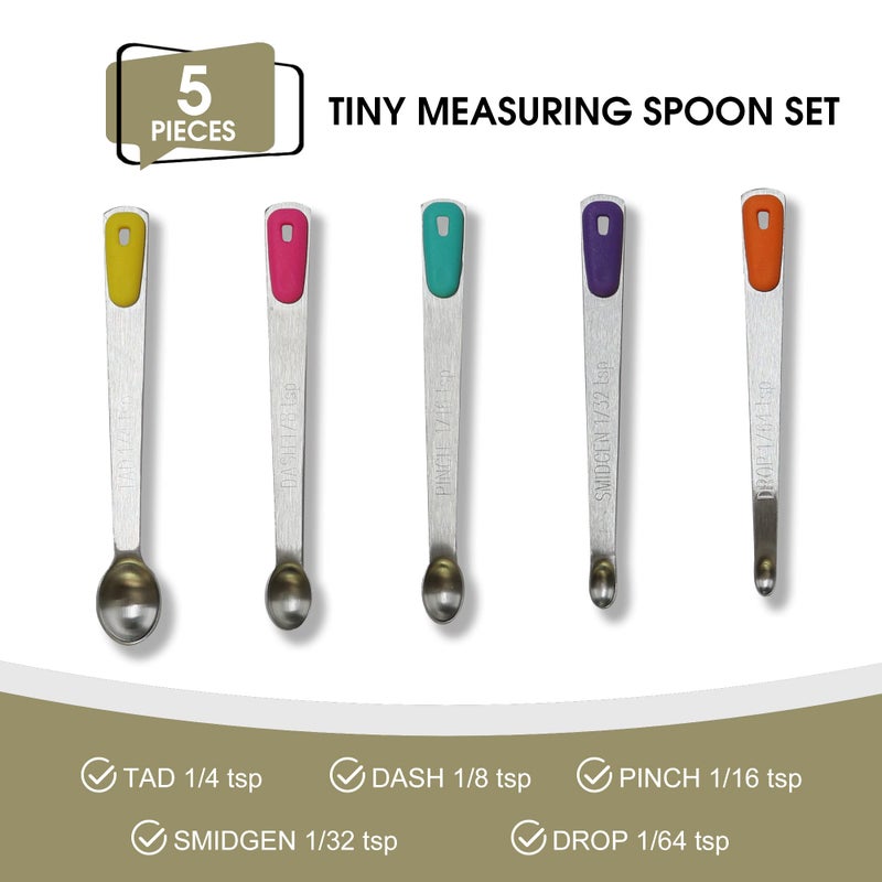BERYLER Mini Measuring Spoons Set, Tiny Stainless Steel Measure Teaspoons with Silicone Handle, Suitable for Small Amount of Dry or Liquid Ingredients and Spices (1/64, 1/32, 1/16, 1/8, 1/4 tsp) - Image 2