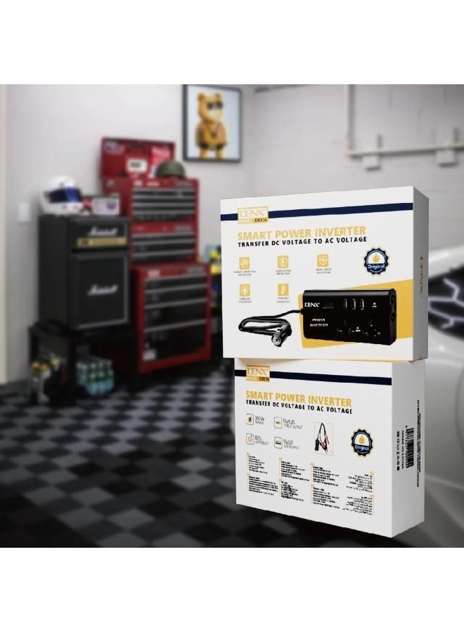 Denx Car Power Inverter, 12V to 220V, High Frequency Modified Sine Wave, 300W, Multi-Port, USB Port + Type-C Port, Plus Includes Battery Adapter - Image 1