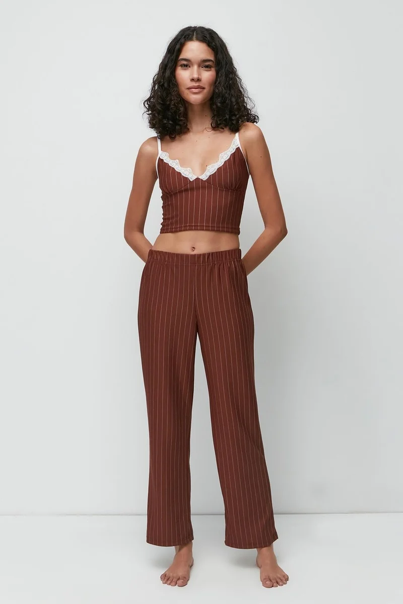 C&city Lace Detailed Bustier Trousers Set 9143 Brown