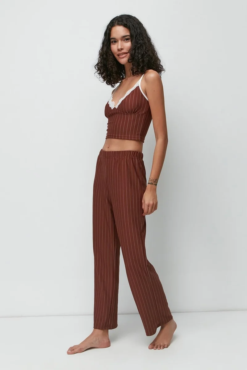 C&city Lace Detailed Bustier Trousers Set 9143 Brown