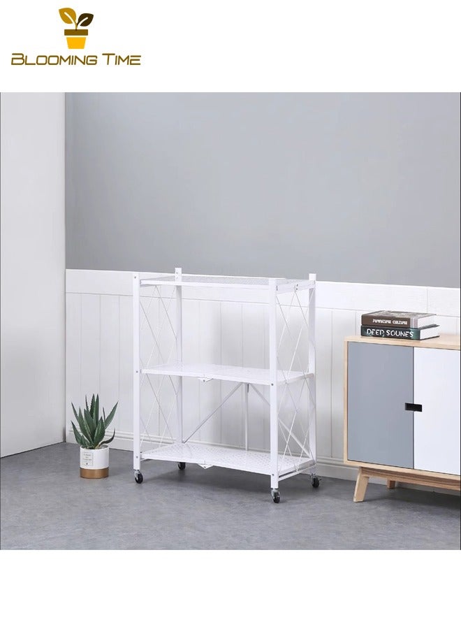 BLOOMING TIME 3-Layer Foldable Storage Rack, White With Universal Wheels, Space-Saving, Multifunctional Kitchen Bathroom Bedroom Storage Rack, Household Lightweight Mobile Storage Rack, White - Image 2
