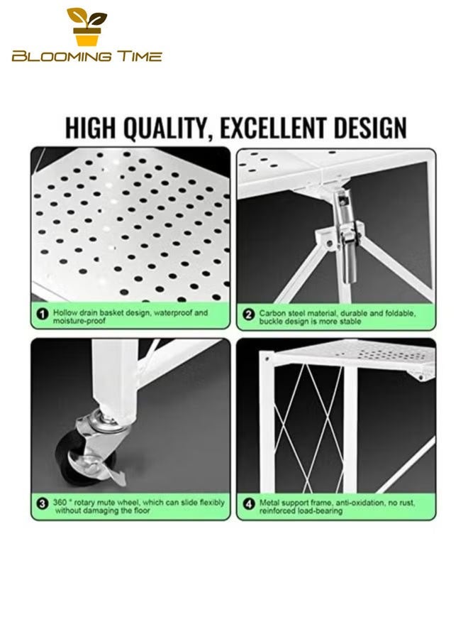 BLOOMING TIME 3-Layer Foldable Storage Rack, White With Universal Wheels, Space-Saving, Multifunctional Kitchen Bathroom Bedroom Storage Rack, Household Lightweight Mobile Storage Rack, White - Image 5