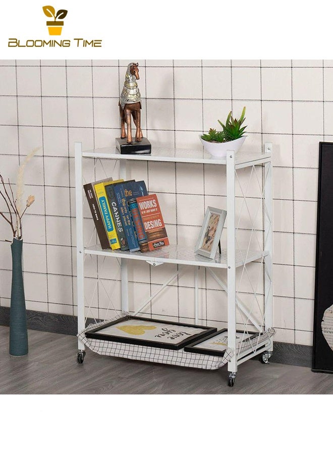 BLOOMING TIME 3-Layer Foldable Storage Rack, White With Universal Wheels, Space-Saving, Multifunctional Kitchen Bathroom Bedroom Storage Rack, Household Lightweight Mobile Storage Rack, White - Image 1