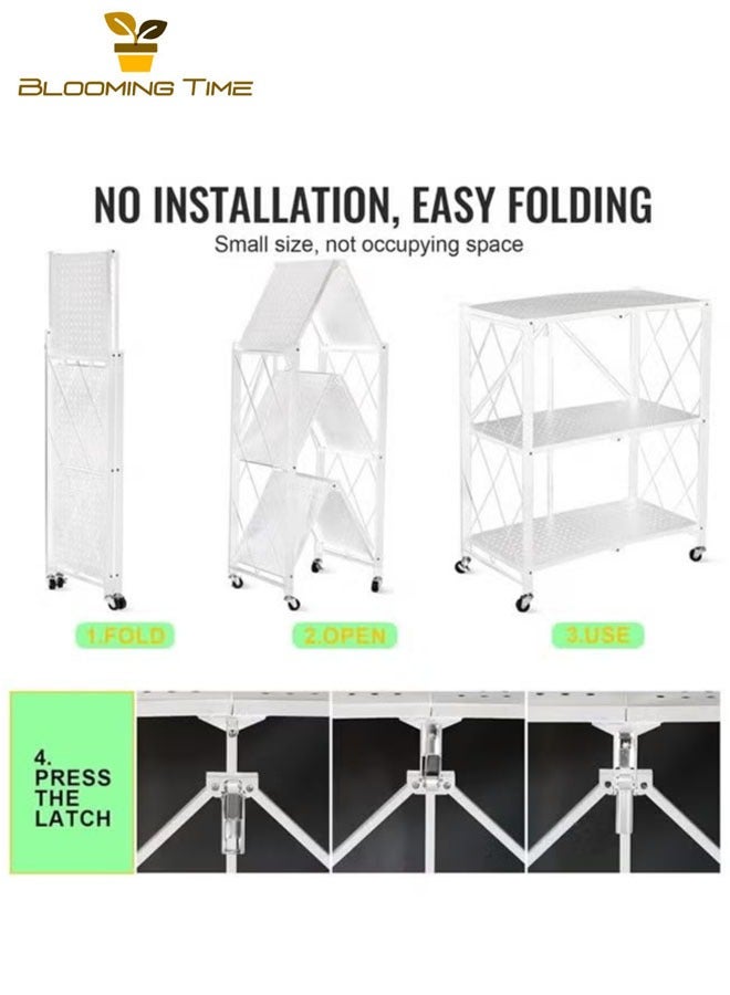 BLOOMING TIME 3-Layer Foldable Storage Rack, White With Universal Wheels, Space-Saving, Multifunctional Kitchen Bathroom Bedroom Storage Rack, Household Lightweight Mobile Storage Rack, White - Image 3